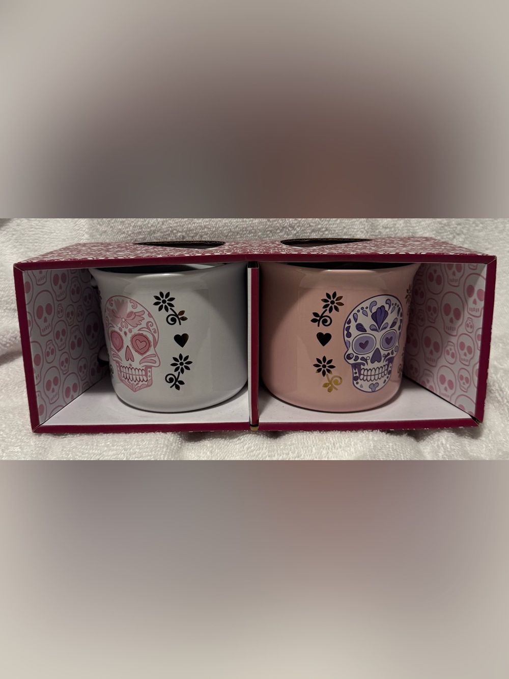 Day of the Dead Sugar Skull Set of 2 Mugs White Pink